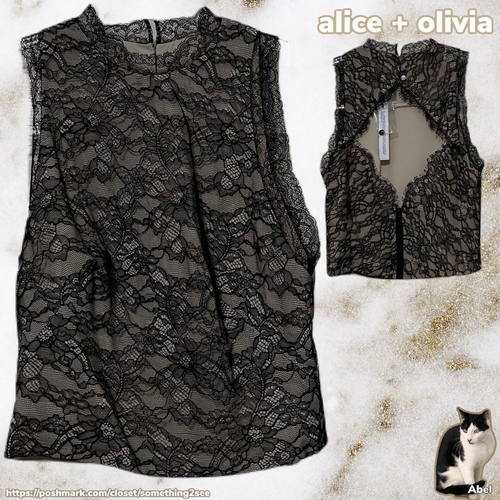 NWT $275 alice + olivia | Lace | Open Zip Back | Blouse in Black | Sz 0